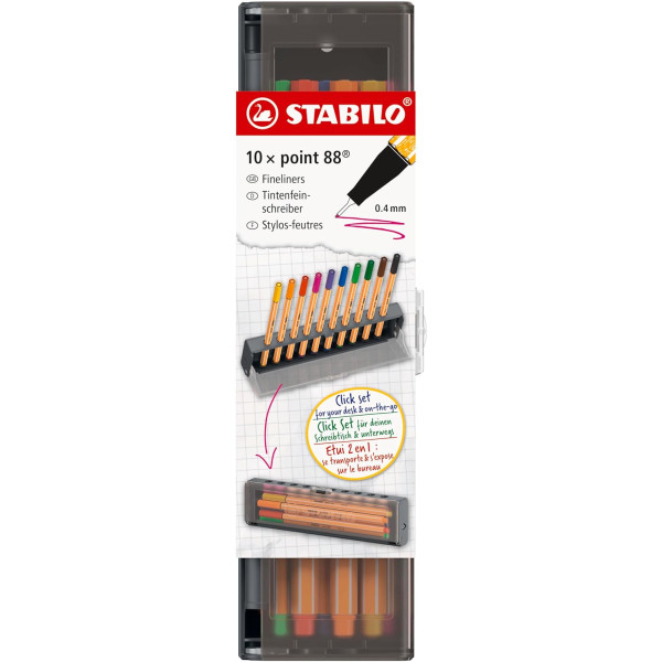 photo-Feutres - Ecriture - Pointe fine - Stabilo - Point88 - Boite de rangement - 10 couleurs