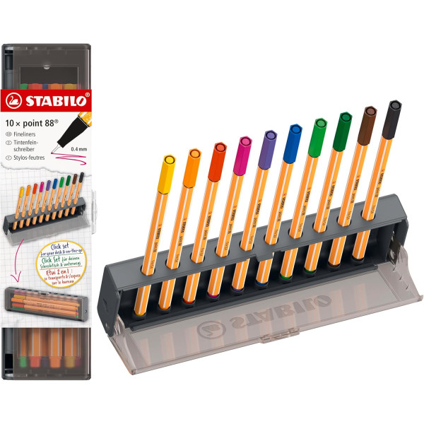 Feutres - Ecriture - Pointe fine - Stabilo - Point88 - Boite de rangement - 10 couleurs