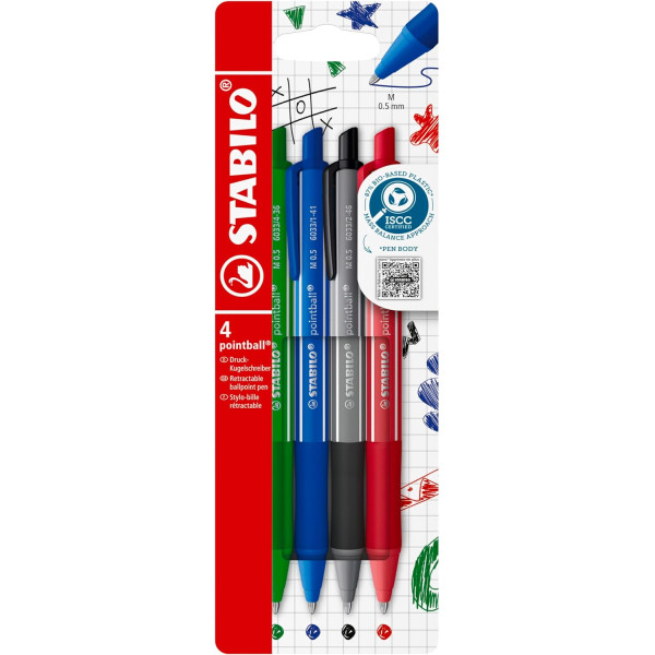 photo-Stylos bille - Stabilo - Pointball - 4 couleurs - Encre fluide - Pointe moyenne