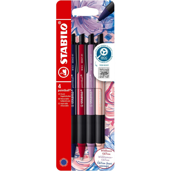 photo-Stylos bille - Stabilo - Pointball - 4 couleurs pastel - Encre fluide - Pointe moyenne