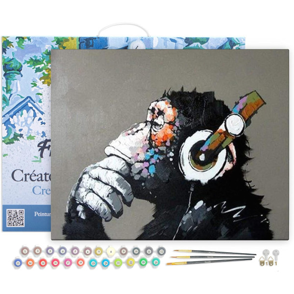 photo-Peinture par numéro - Singe casque audio - 40x50cm - Toile + pinceaux + peinture - Facile - Figured'Art
