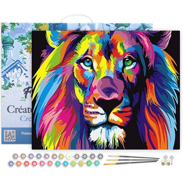 photo-Peinture par numéro - Lion Pop Art - 40x50cm - Toile + pinceaux + peinture - Facile - Figured'Art