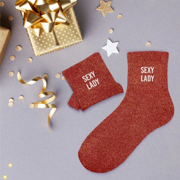 Chaussettes - Femme - Rouge avec paillettes - Sexy lady - Taille 36/42 - Humour - Cadeau
