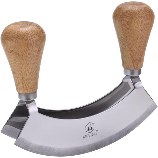 photo-Hachoir - Double lame - Acier inox - Avec planche en bambou - Pour herbes aromatiques - Laguiole