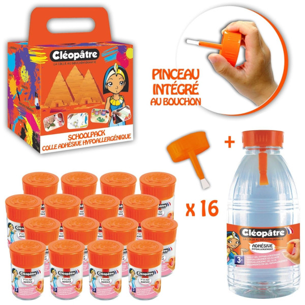 Colle - Transparente - P'tit pot - Cléopâtre Adhésive - Schoolpack - 16 petits pots + recharge