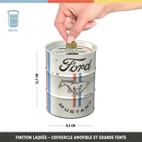 Tirelire - Ronde - Ford Mustang - Rétro - Vintage - 11,7x9,3cm - Idée cadeau