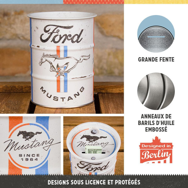 Tirelire - Ronde - Ford Mustang - Rétro - Vintage - 11,7x9,3cm - Idée cadeau