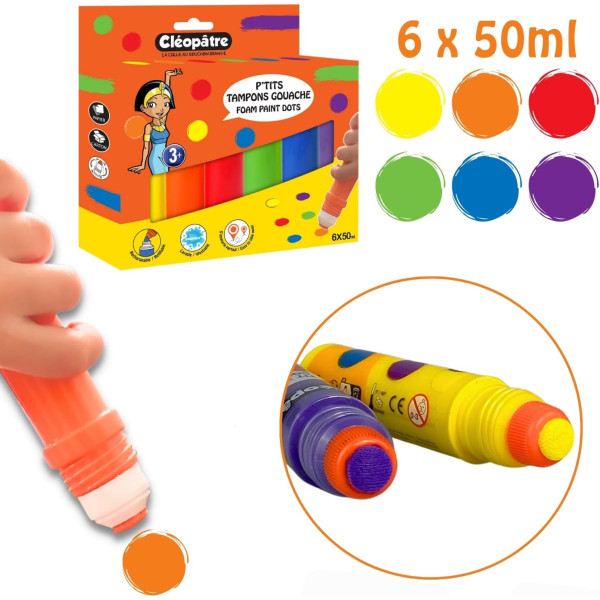 Gouache - Tampons de peinture - Enfant  - 6 couleurs - Cléopâtre - Scolaire - Loisirs créatifs
