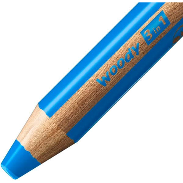 Stabilo woody 3 in 1 - Bleu azur - Crayon de couleur - Pointe large - Tous supports