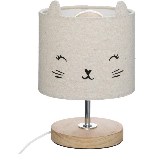 photo-Lampe - A poser - Chevet - Abat jour chat - Socle bois - Chambre enfant - Atmosphera