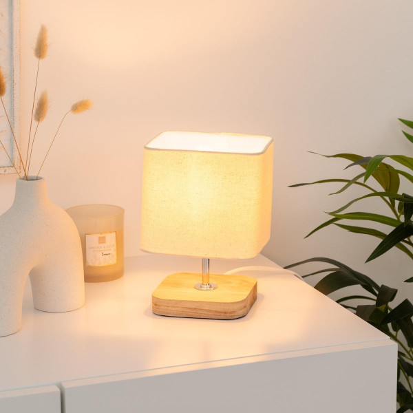 Lampe - A poser - Chevet - Abat jour tissu lin - Socle bois - Chambre - Atmosphera
