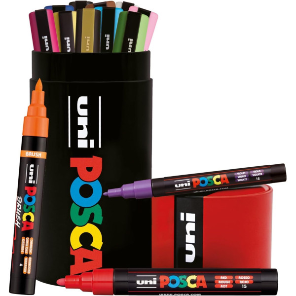 photo-Feutres - POSCA - PC3M - PC5M - Brush - 13 couleurs - Assorties - Pot métal