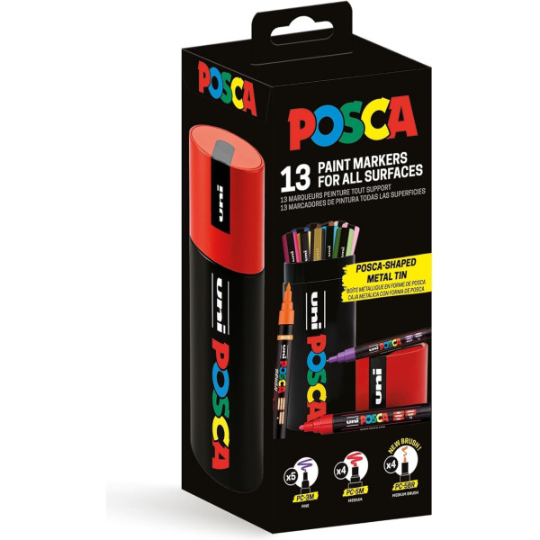 Feutres - POSCA - PC3M - PC5M - Brush - 13 couleurs - Assorties - Pot métal