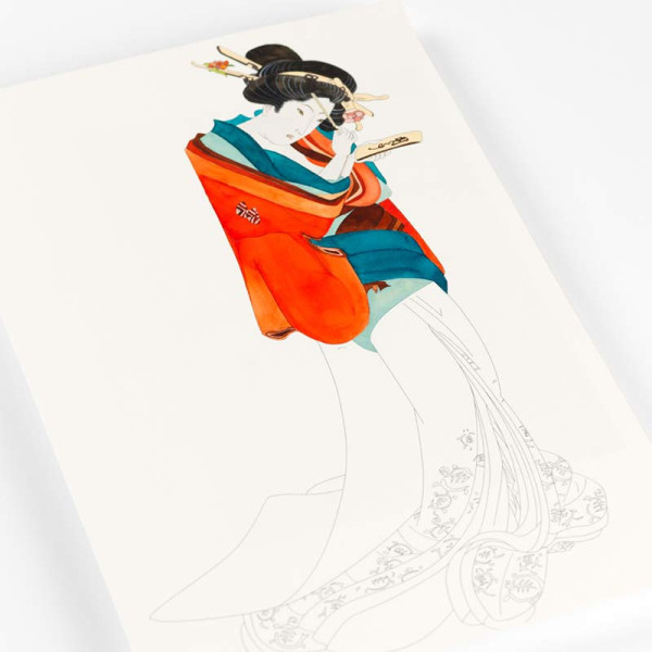Livre de coloriage - Beaux-arts - Adulte - Aquarelle et crayons - Illustrations japonaises - 12 modèles