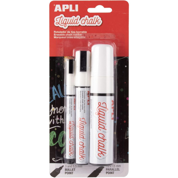 photo-Marqueurs - Craie liquide - Blanc - 3 pointes assorties - Pour tableau noir, déco, verre - Apli