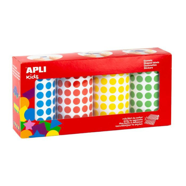 Gommettes - Rondes - 10,5mm diamètre - Assortis bleu, rouge, jaune et vert - 4 rouleaux de 5192 - Apli Kids