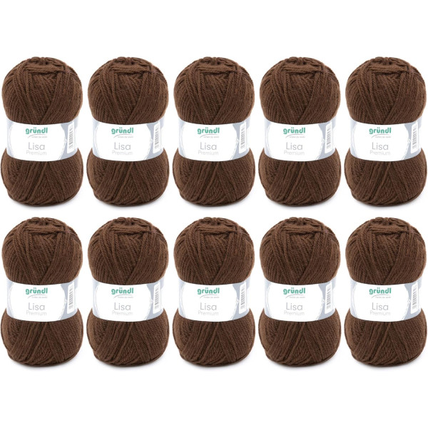 photo-10 pelotes de laine - Chocolat - 23 - 100% acrylique - 3,5/4,5 mm - Gründl - Lisa Premium