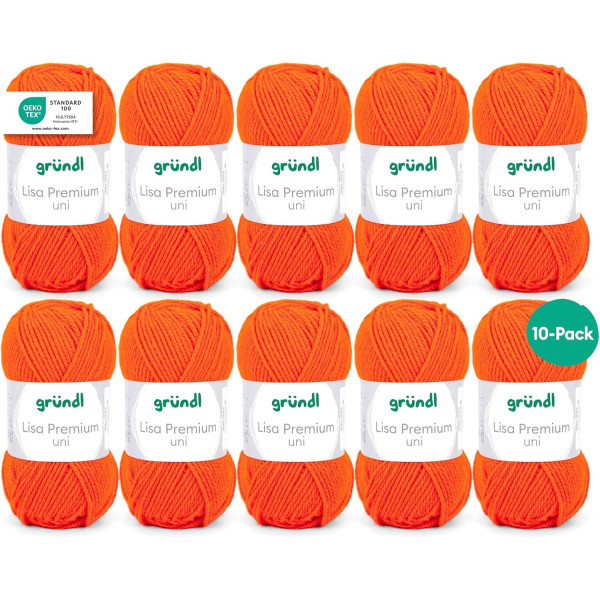 photo-10 pelotes de laine - Orange - 11 - 100% acrylique - 3,5/4,5 mm - Gründl - Lisa Premium
