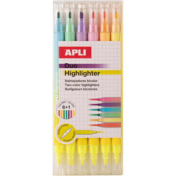 photo-Surligneurs - Double pointe - Jaune fluo + 6 couleurs pastel - Mine biseautée - Apli
