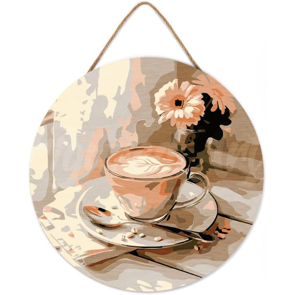 photo-Diamond painting - Support disque en bois - Modèle café du matin - 30cm diamètre - Figured'Art