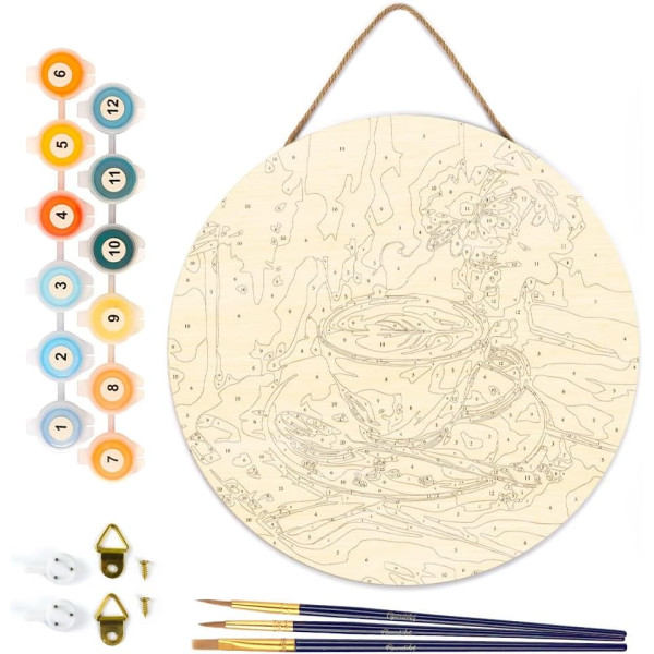 Diamond painting - Support disque en bois - Modèle café du matin - 30cm diamètre - Figured'Art