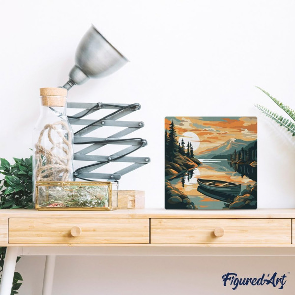 Peinture par numéro - Lac et montagne - 20x20cm - Toile tendue + pinceaux + peinture - Intermédiaire - Figured'Art