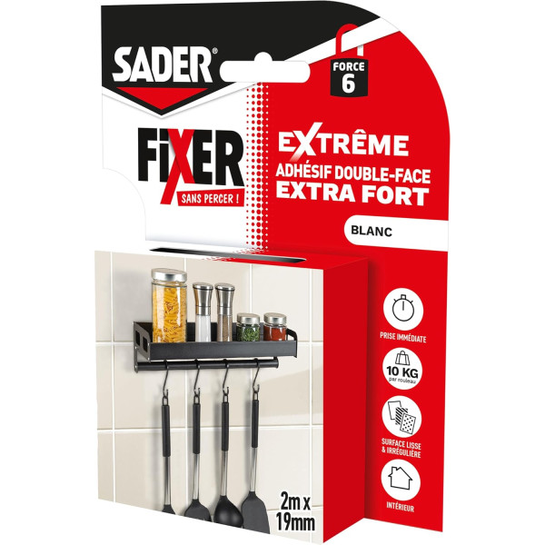 photo-Ruban adhésif - Extra fort - Supporte jusqu'à 10kg - Blanc - 2mx19mm - Sader