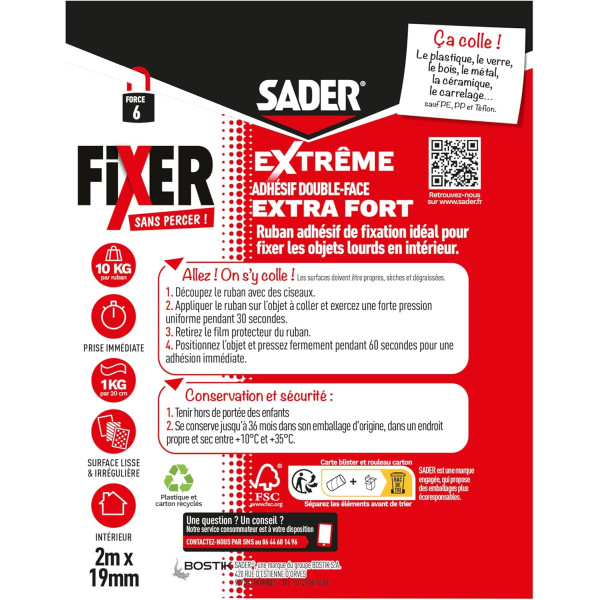 Ruban adhésif - Extra fort - Supporte jusqu'à 10kg - Blanc - 2mx19mm - Sader