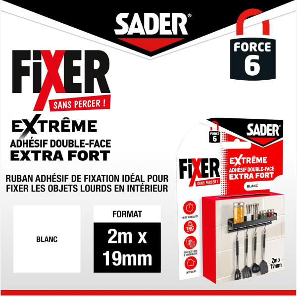 Ruban adhésif - Extra fort - Supporte jusqu'à 10kg - Blanc - 2mx19mm - Sader