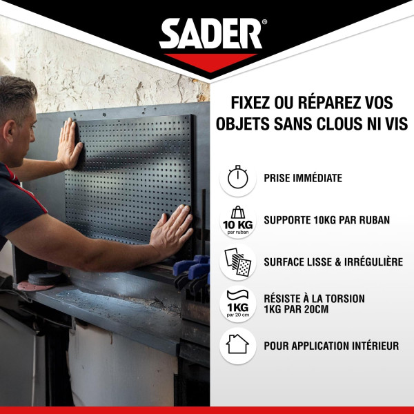 Ruban adhésif - Extra fort - Supporte jusqu'à 10kg - Blanc - 2mx19mm - Sader