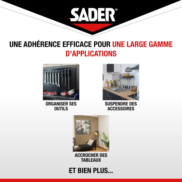 Ruban adhésif - Extra fort - Supporte jusqu'à 10kg - Blanc - 2mx19mm - Sader