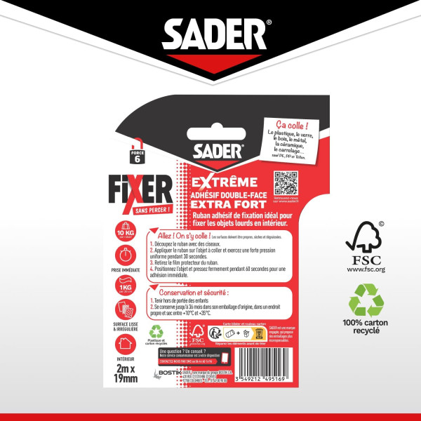 Ruban adhésif - Extra fort - Supporte jusqu'à 10kg - Blanc - 2mx19mm - Sader
