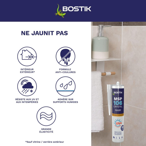 Colle - Mastic - Joint - Transparent - Multi-supports - Intérieur - Sans solvants - Bostik