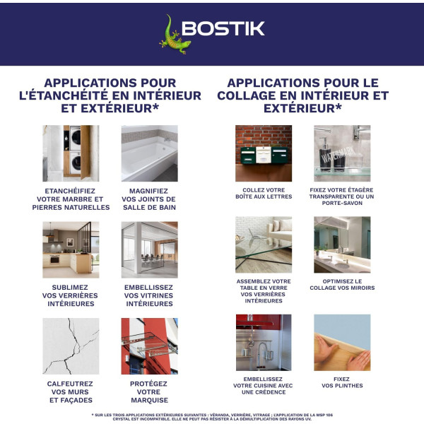 Colle - Mastic - Joint - Transparent - Multi-supports - Intérieur - Sans solvants - Bostik