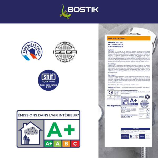Colle - Mastic - Joint - Transparent - Multi-supports - Intérieur - Sans solvants - Bostik