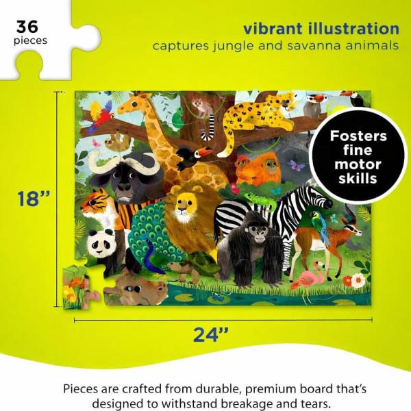 Puzzle - 36 pièces - Les amis de la jungle - Dès 3 ans - Lion, zèbre, éléphant - Crocodile Creek