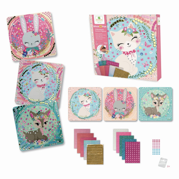 Jeu créatif - Mosaïques à coller - 3 tableaux animaux mignons - Dès 5 ans - Loisirs créatifs