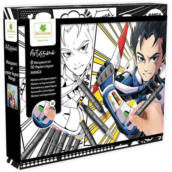 photo-Manga - Coffret de 8 marqueurs + 10 papier layout Manga - Dès 10 ans - Sycomore