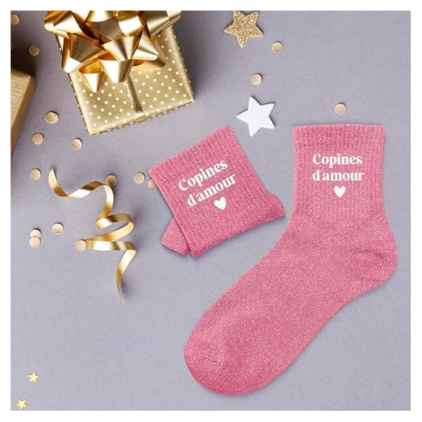 Chaussettes - Femme - Rose avec paillettes - Copine d'amour - Taille 36/42 - Humour - Cadeau
