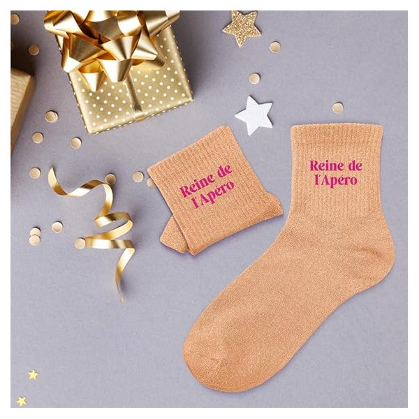 Chaussettes - Femme - Orange avec paillettes - Reine de l'apéro - Taille 36/42 - Humour - Cadeau