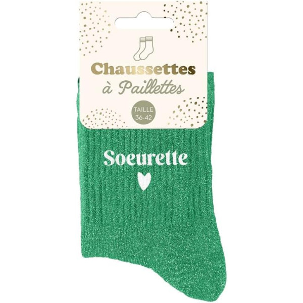 photo-Chaussettes - Femme - Vert avec paillettes - Sœurette - Taille 36/42 - Humour - Cadeau