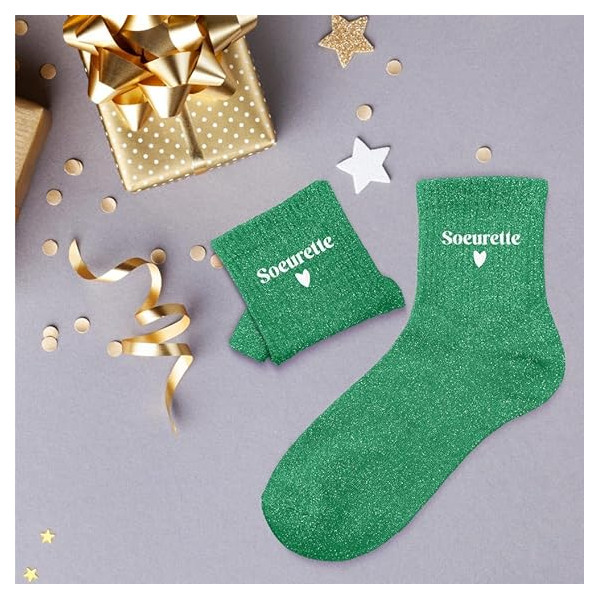 Chaussettes - Femme - Vert avec paillettes - Sœurette - Taille 36/42 - Humour - Cadeau