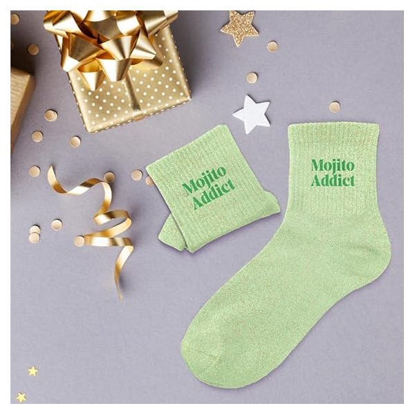 Chaussettes - Femme - Vert avec paillettes - Mojito Addict - Taille 36/42 - Humour - Cadeau
