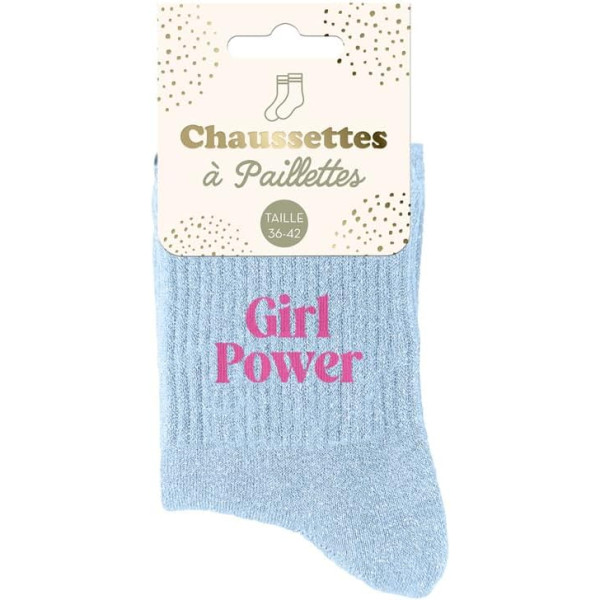 photo-Chaussettes - Femme - Bleu avec paillettes - Girl Power - Taille 36/42 - Humour - Cadeau