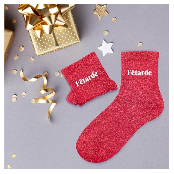 Chaussettes - Femme - Rouge avec paillettes - Fêtarde - Taille 36/42 - Humour - Cadeau