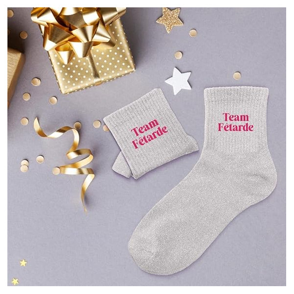 Chaussettes - Femme - Gris avec paillettes - Team fêtarde - Taille 36/42 - Humour - Cadeau