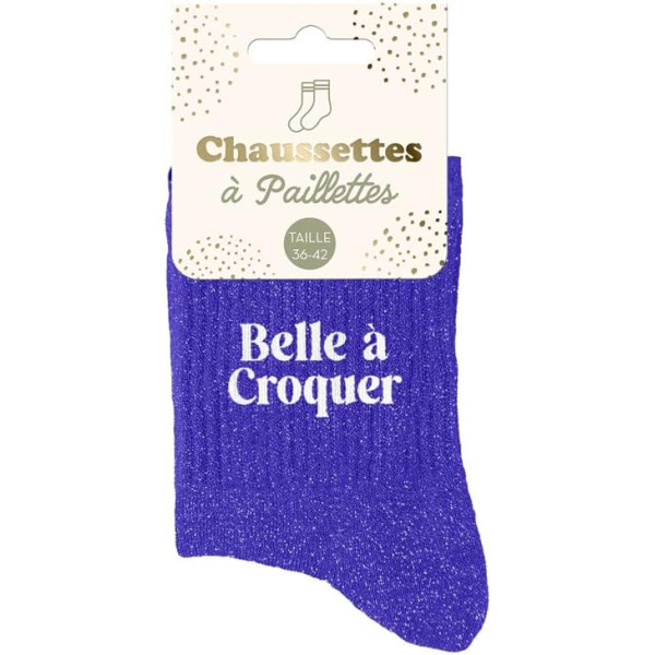 photo-Chaussettes - Femme - Bleu avec paillettes - Belle à croquer - Taille 36/42 - Humour - Cadeau