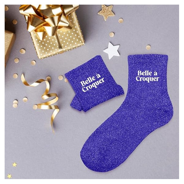 Chaussettes - Femme - Bleu avec paillettes - Belle à croquer - Taille 36/42 - Humour - Cadeau