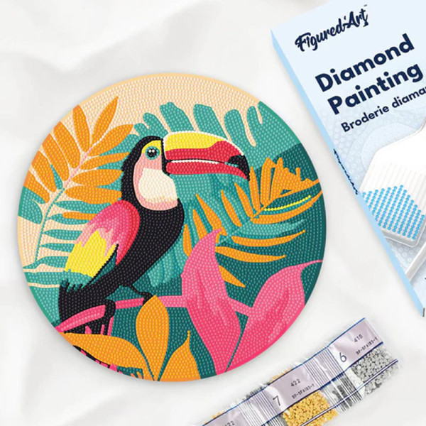 Diamond painting - Support disque en bois - Modèle toucan coloré - 30cm diamètre - Figured'Art