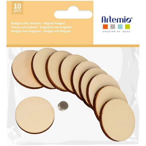 photo-Magnets en bois - A décorer - 4,5cm diamètre - 10 pièces - Loisirs créatifs - Artemio